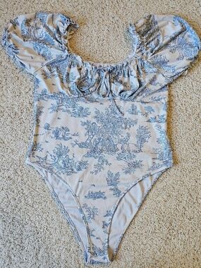 Blue Toile Puff-Sleeve Bodysuit